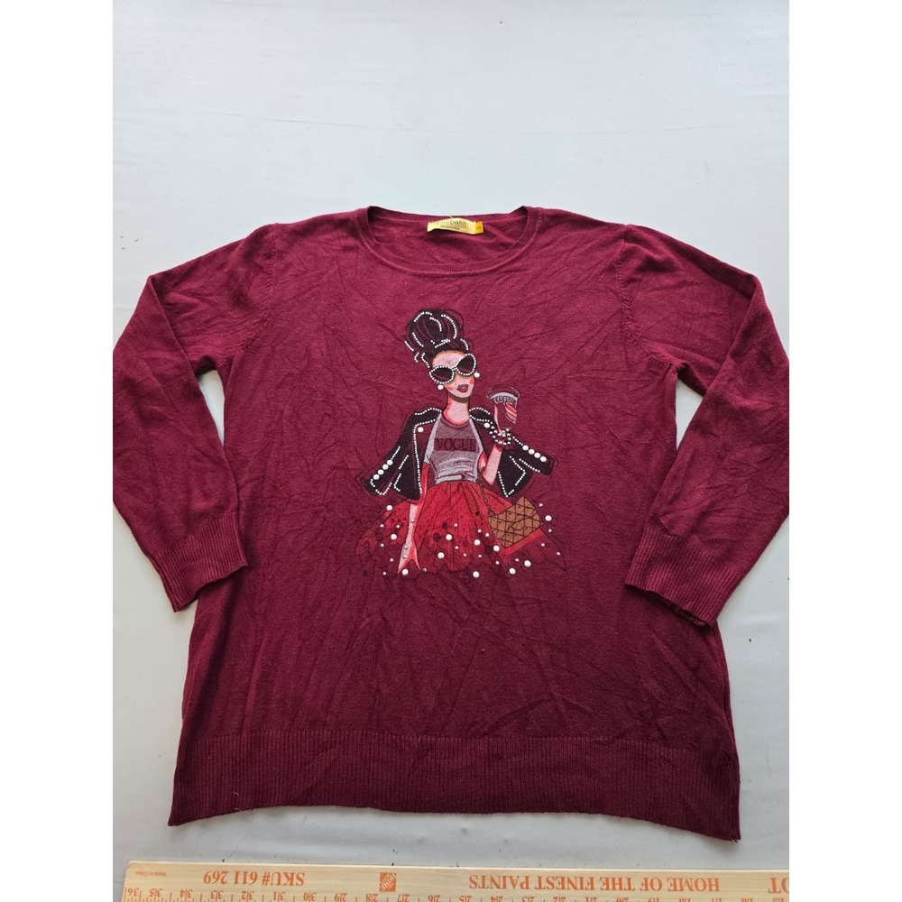 Vinizbena Burgundy Graphic Sweater Fashion Girl Pearls Coffee 3XL